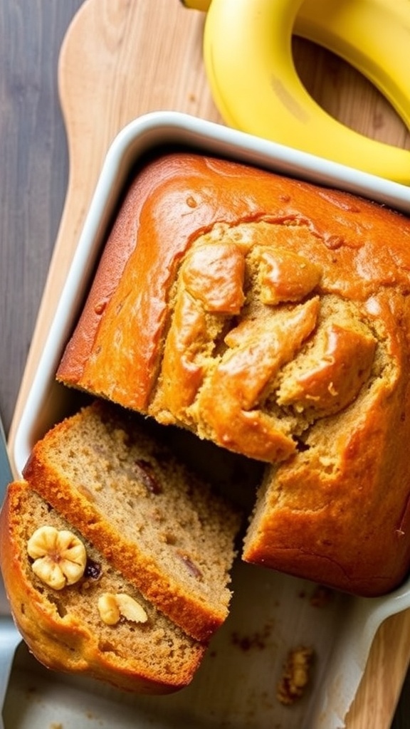 Sliced banana bread in an 8x8 dish, showing moist texture and banana pieces, on a wooden cutting board.